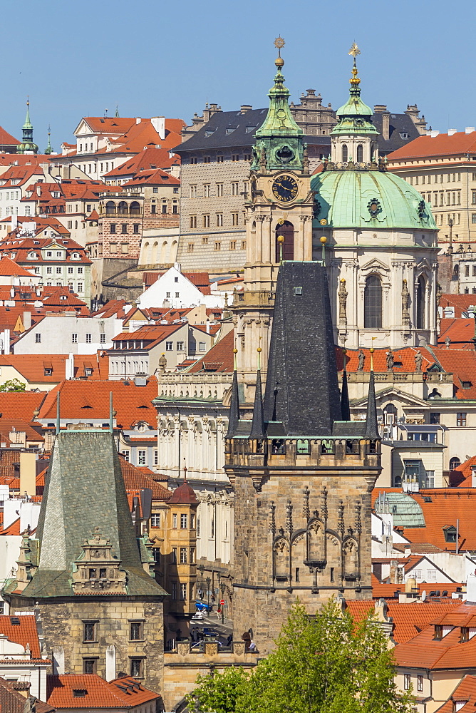 View from the old town bridge tower to the Lesser Town (Mala Strana) district, UNESCO World Heritage Site, Prague, Bohemia, Czech Republic, Europe