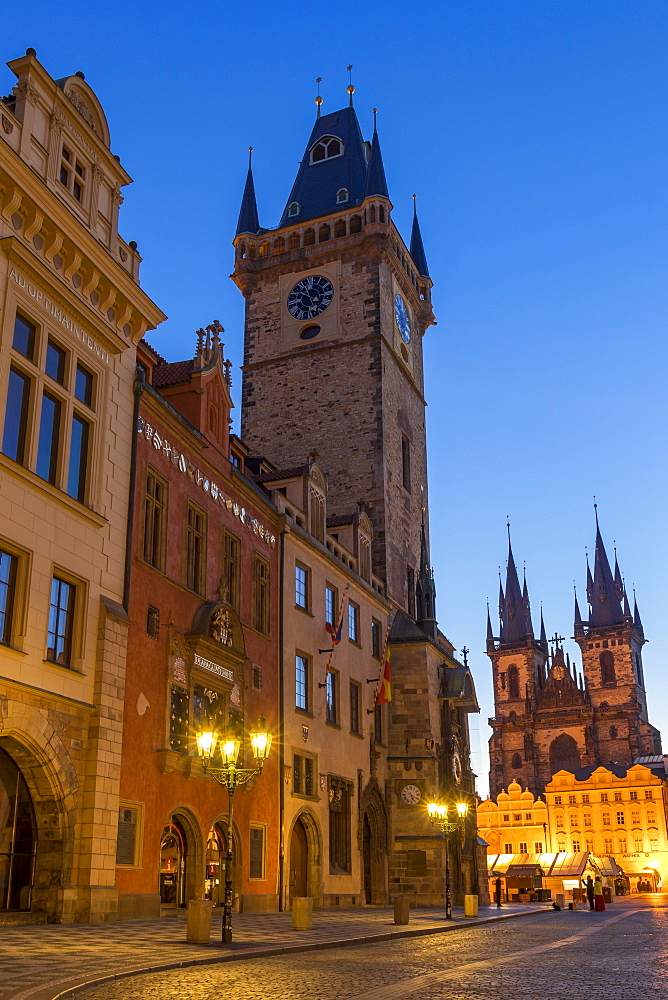 The old town hall and Our Lady before Tyn Church at dawn, UNESCO World Heritage Site, Prague, Bohemia, Czech Republic, Europe