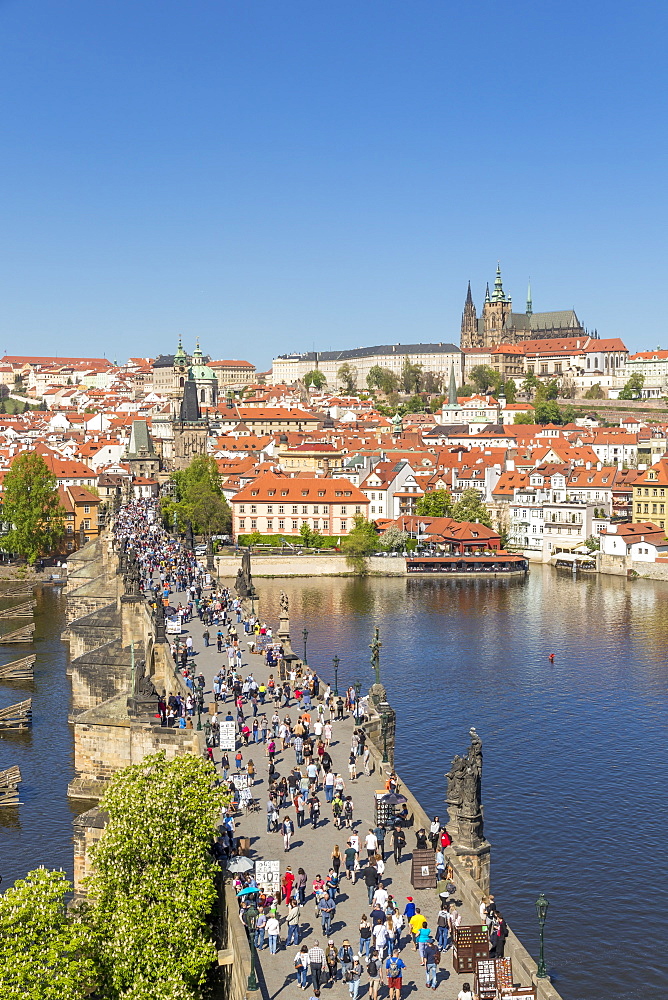 Elevated view from the Old Town Bridge Tower over Prague Castle and the Mala Strana District, UNESCO World Heritage Site, Prague, Bohemia, Czech Republic