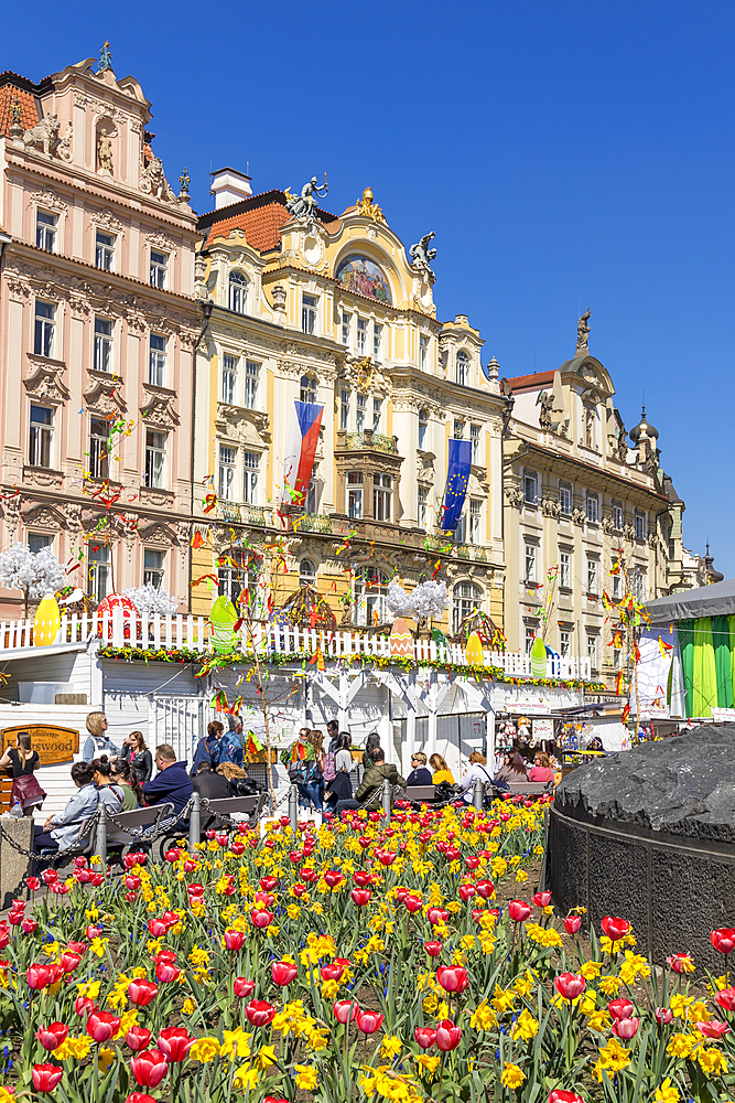 Facades of historical buildings seen from the Easter market at the old town market square, Prague, Bohemia, Czech Republic, Europe