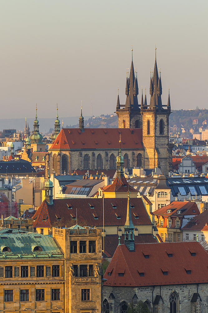 View from a lookout at Letna Park over the old town at first sunlight, Prague, Bohemia, Czech Republic, Europe