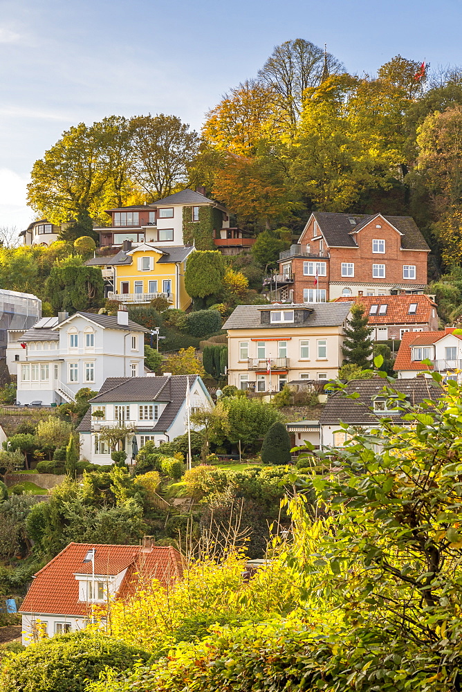 Small mansions at the so-called Treppenviertel of the Blankenese district in autumn, Hamburg, Germany, Europe