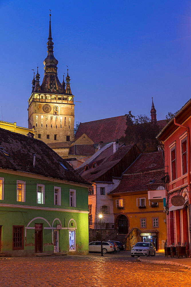 Clock Tower (Turnul cu Ceas) at dusk, Sighisoara, UNESCO World Heritage Site, Mures County, Transylvania Region, Romania, Europe