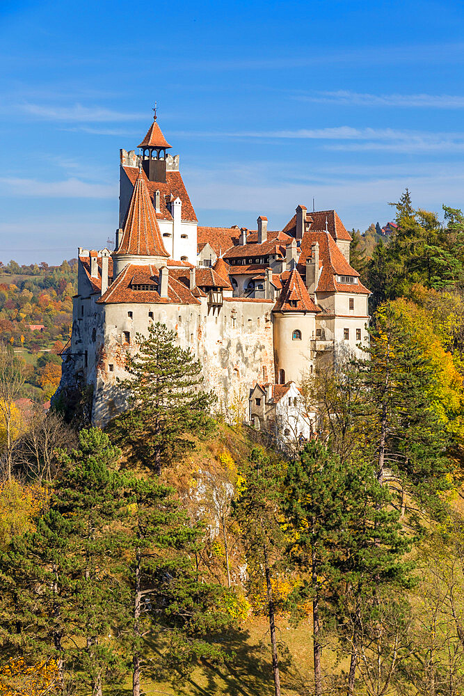 The famous Bran Castle seen from a lookout during autumn, Bran, Romania, Europe