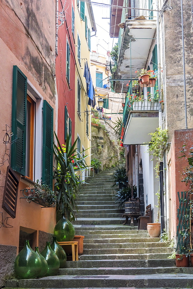 Colourful buildings and steps in Monterosso, Cinque Terre, UNESCO World Heritage Site, Liguria, Italy, Europe