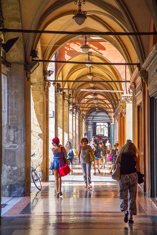 The arcades of Piazza Maggiore, Bologna, Emilia-Romagna, Italy, Europe