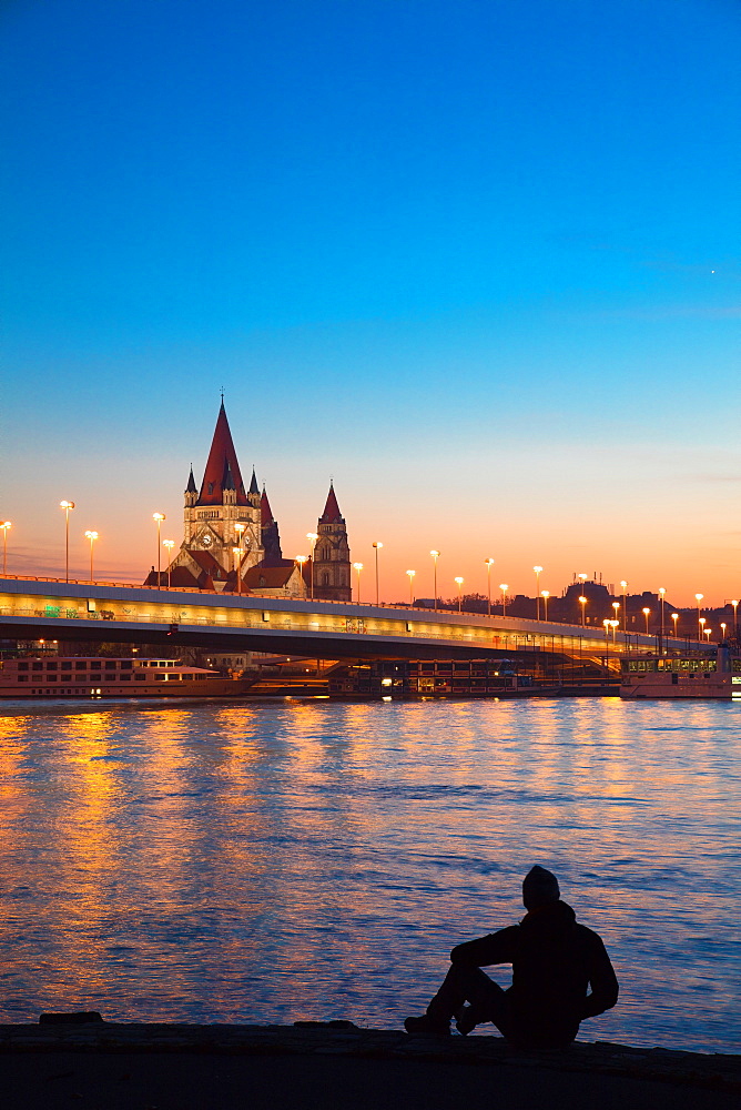 View from the Donauinsel subway station over the River Danube, Vienna, Austria, Europe