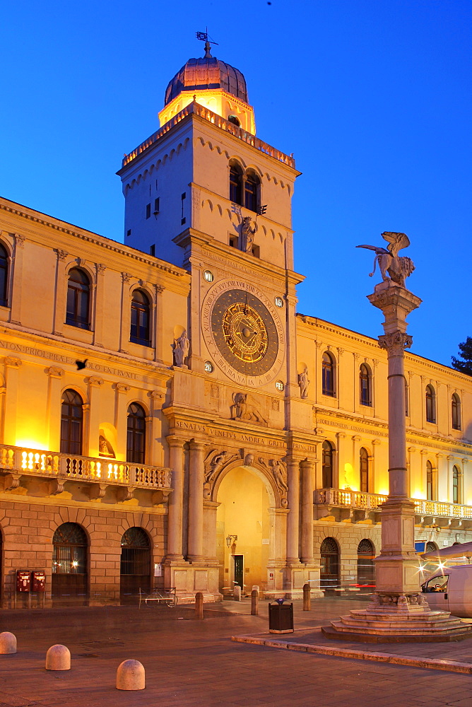 The Astronomical clock at dusk, Piazza dei Signori , Padua, Veneto, Italy, Europe