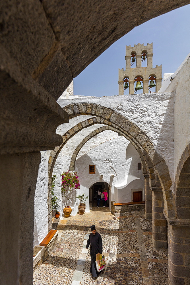 The Inner Courtyard, Monastery of St. John the Theologian, UNESCO World Heritage Site, Patmos, Dodecanese, Greek Islands, Greece, Europe