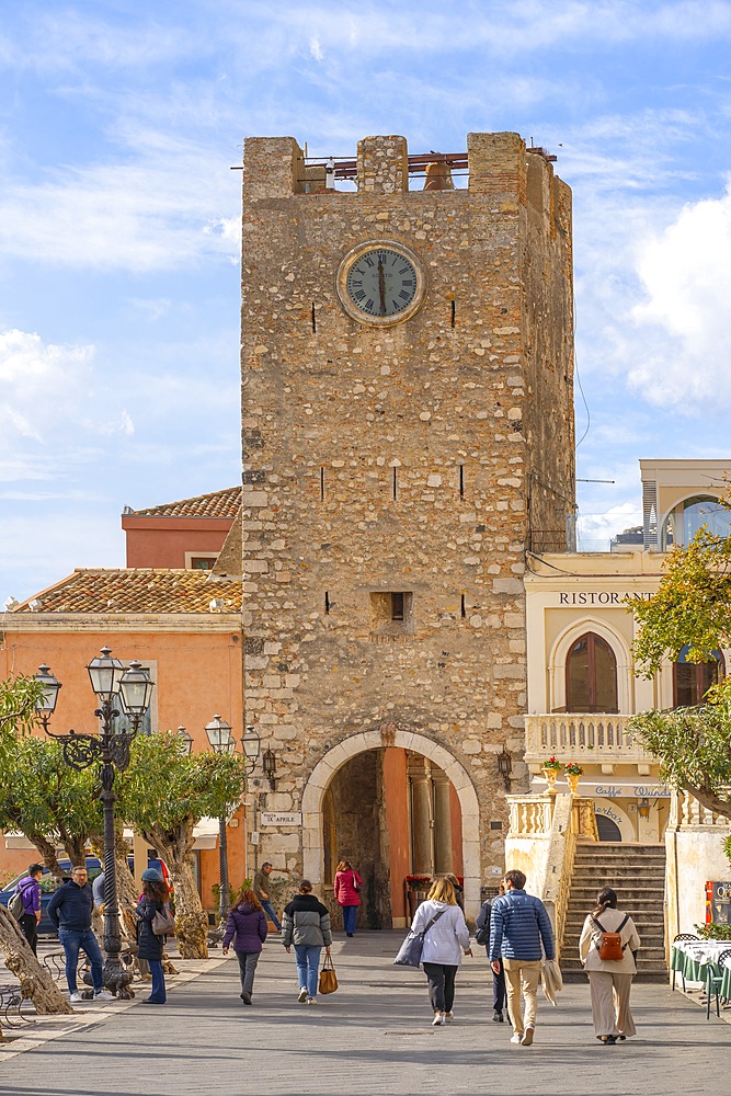 Clock Tower and Middle Gate, Taormina, Messina, Sicily, Italy