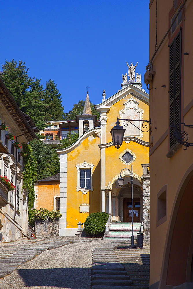 Via Albertoletti and church of S.M. Assunta, Orta San Giulio, Piemonte (Piedmont), Italy, Europe