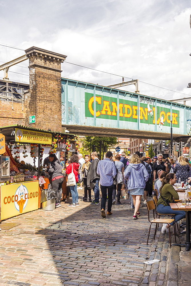 A view of Camden Market, and Camden Lock bridge in Camden, London, England, United Kingdom, Europe