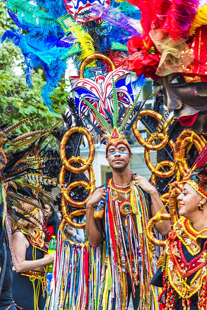 A colourfully dressed participant in the Notting Hill Carnival, London, England, United Kingdom, Europe