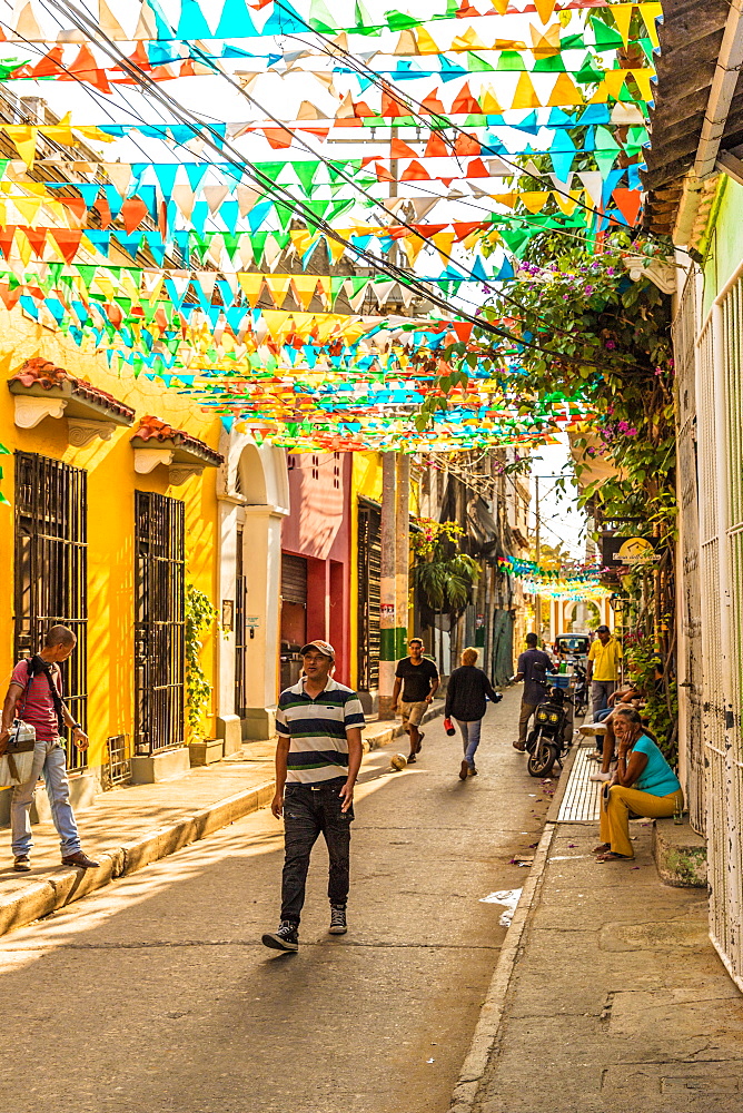 A typically colourful street scene in Getsemani in Cartagena, Colombia, South America