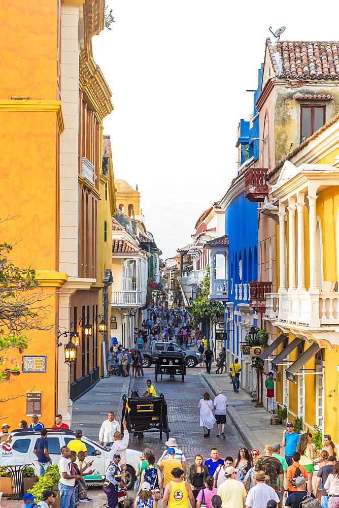 A typical street view in Cartagena de Indias, Colombia, South America