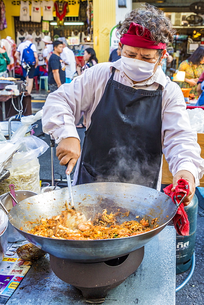 A seafood noodle stall at the famous Walking Street night market in Phuket old Town, Phuket, Thailand, Southeast Asia, Asia