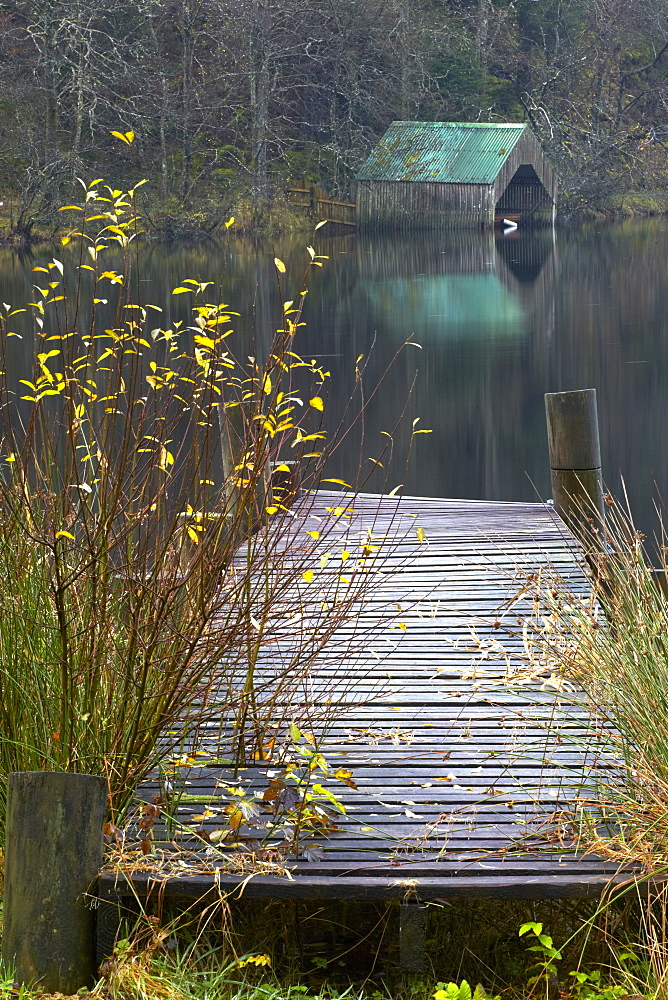 Boathouse and jetty at Milton Basin near Aberfoyle, Loch Ard, The Trossachs, Stirlingshire, Scotland, United Kingdom, Europe