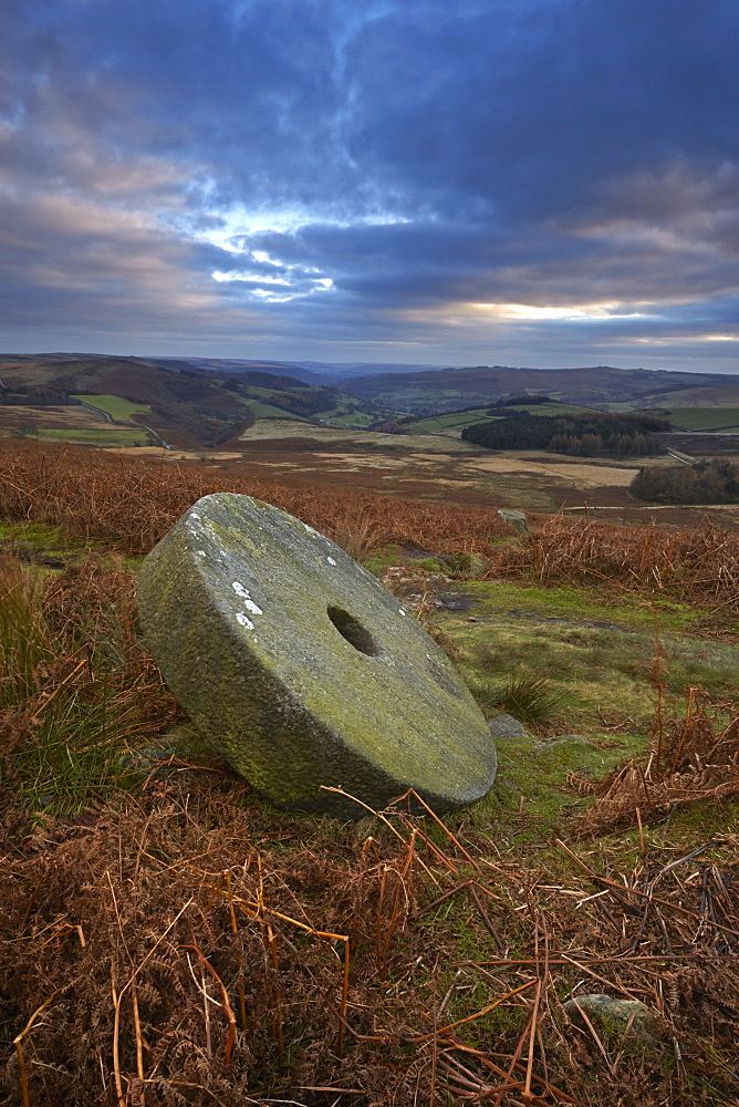 Abandoned millstone below Stanage Edge, Peak District National Park, Derbyshire, England, United Kingdom, Europe