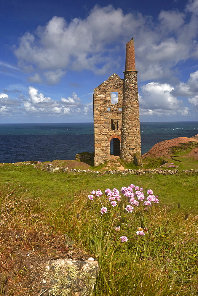 The restored Wheal Owles tin mine on the cliff tops above Botallack, Cornwall, England, United Kingdom, Europe