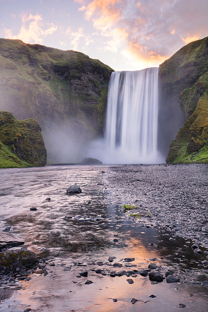 Skogafoss at sunrise in the summer, Iceland, Polar Regions