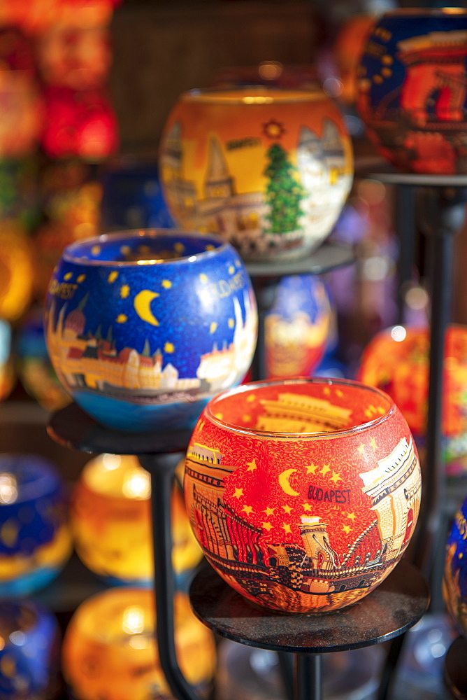 Christmas decorations on Christmas market stall at night in Budapest, Hungary, Europe