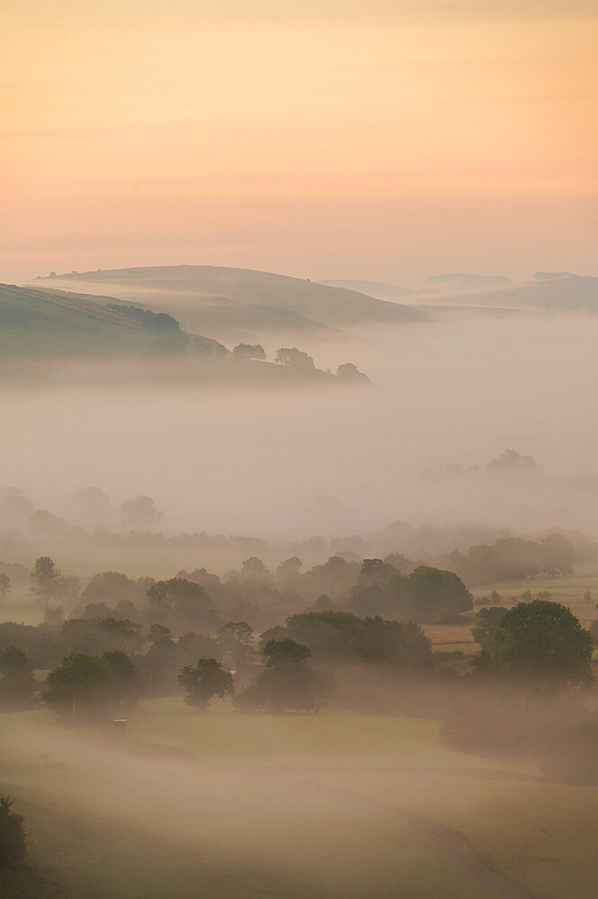 A misty morning view in the Peak District, Staffordshire, England, United Kingdom, Europe