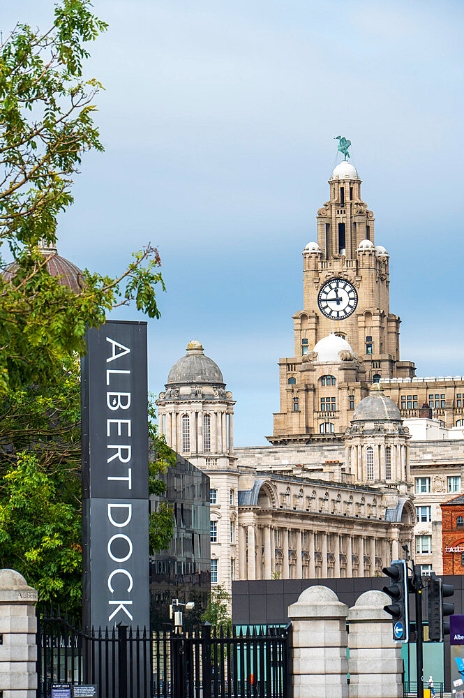 Entrance to the Albert Dock with the Liver Building, Liverpool, Merseyside, England, United Kingdom, Europe