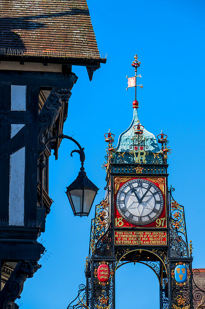 East Gate Clock and Tudor architecture, Chester, Cheshire, England, United Kingdom, Europe