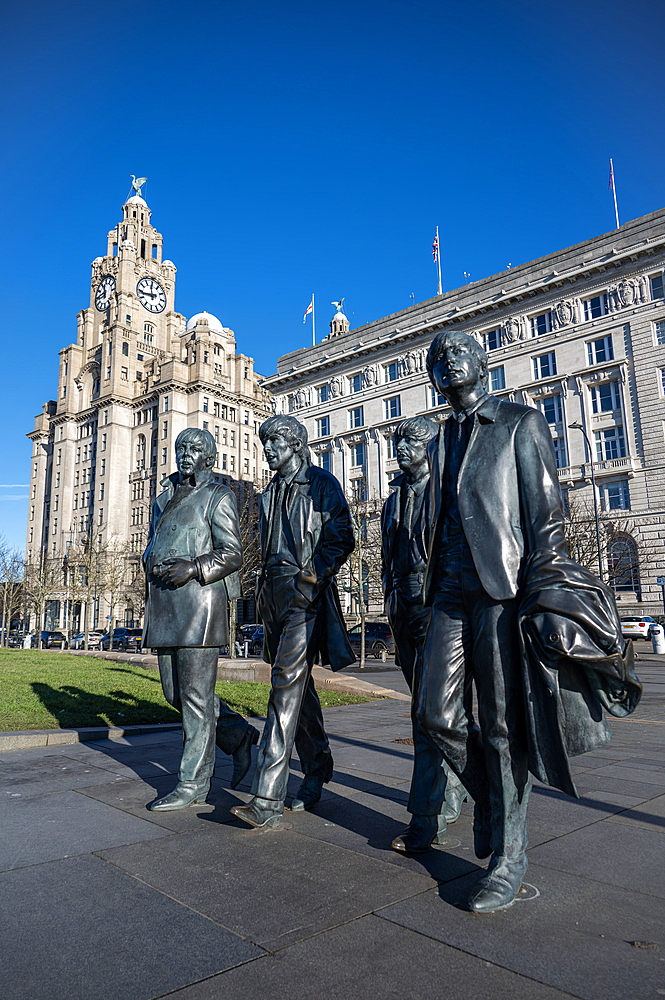 The Beatles statue on Liverpool waterfront, Liverpool, Merseyside, England, United Kingdom,