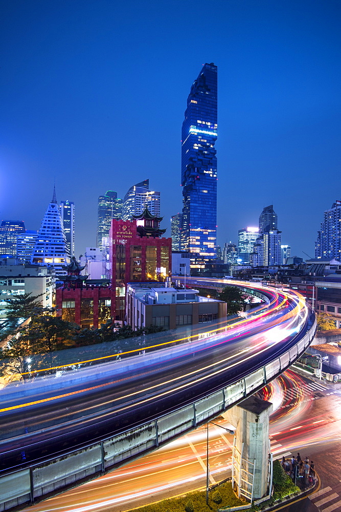 BTS skytrain and Mahanakhon building in background at Silom Road, Bangkok business district, Bangkok Thailand, Southeast Asia, Asia