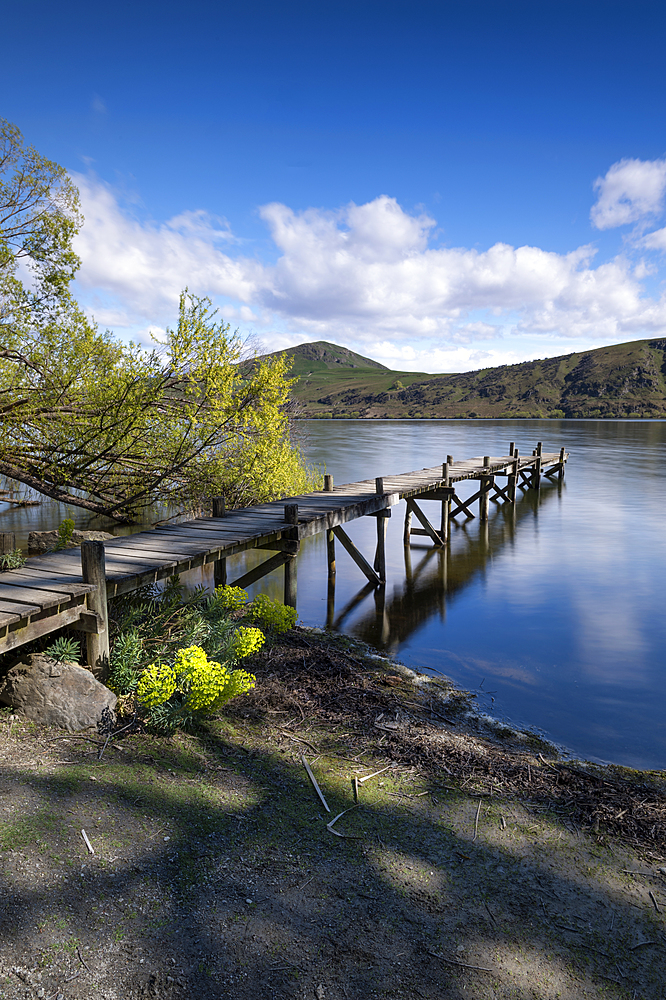 Old wooden jetty at Lake Hayes, Wakatipu Basin in Central Otago, South Island, New Zealand, Pacific