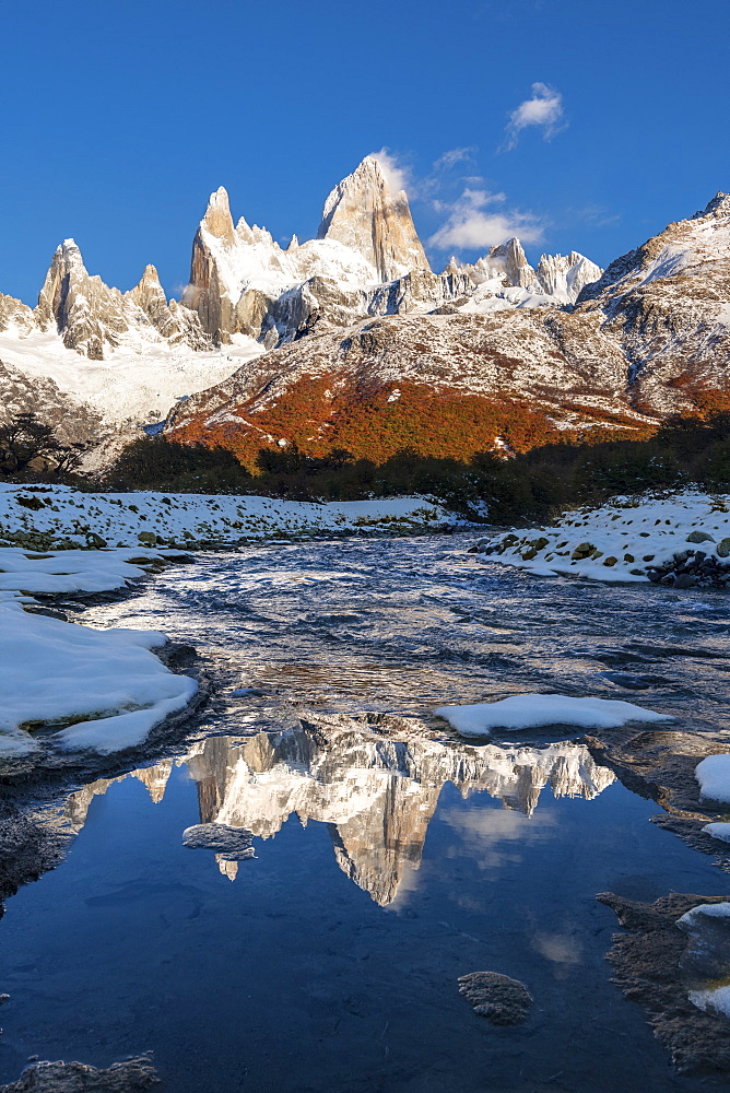 Mountain range with Cerro Fitz Roy reflected, Los Glaciares National Park, UNESCO World Heritage Site, El Chalten, Santa Cruz Province, Patagonia, Argentina, South America