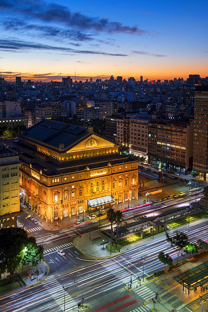 Teatro Colon at night on 9 de Julio Avenue at night, Buenos Aires, Argentina, South America