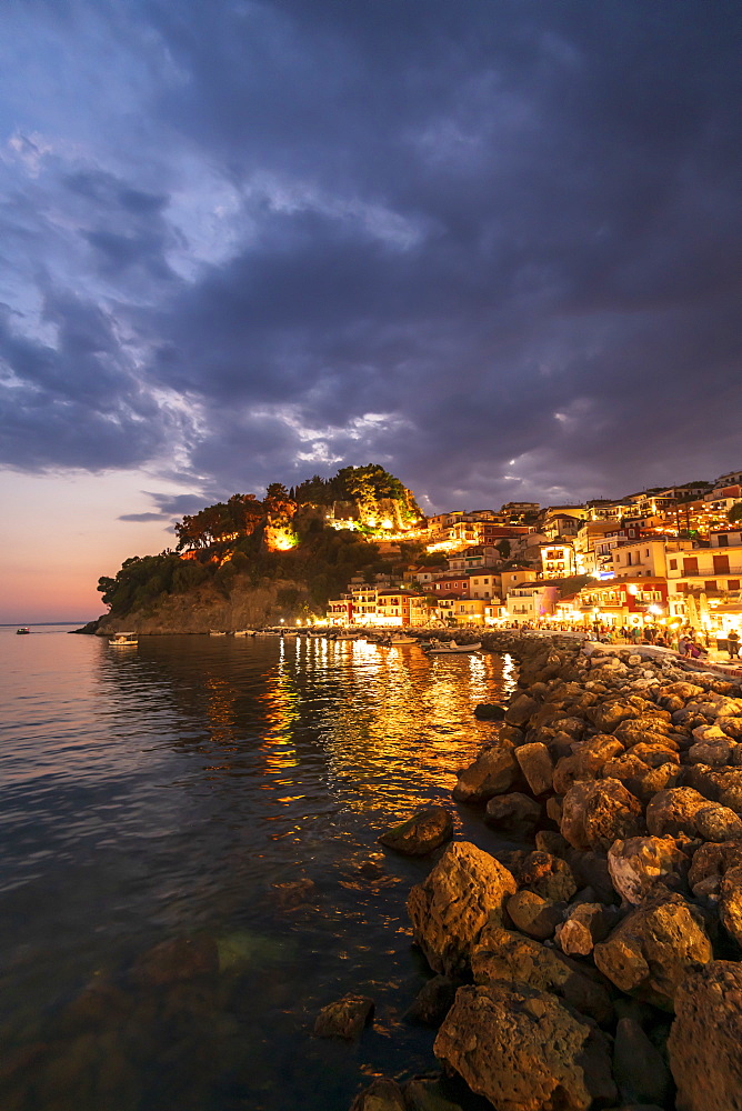 Sunset at Parga Castle and harbour, Parga, Preveza, Greece, Europe