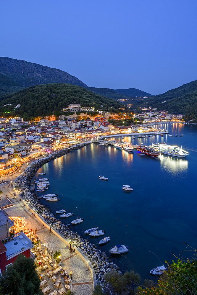 Elevated view of Parga town at night, Parga, Preveza, Greece, Europe