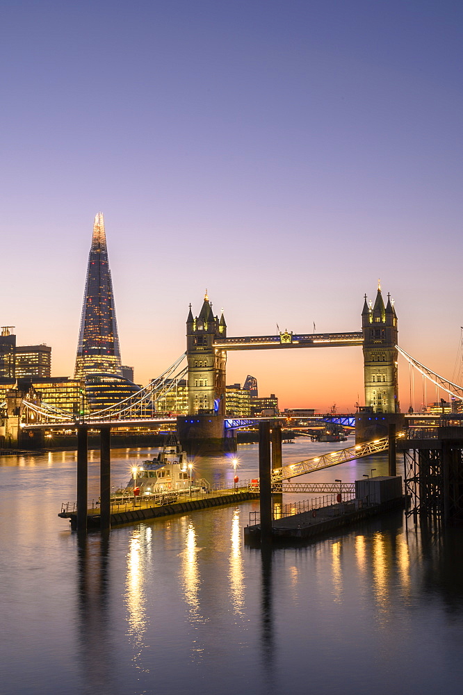 The Shard and Tower Bridge at sunset on the River Thames, London, England, United Kingdom, Europe