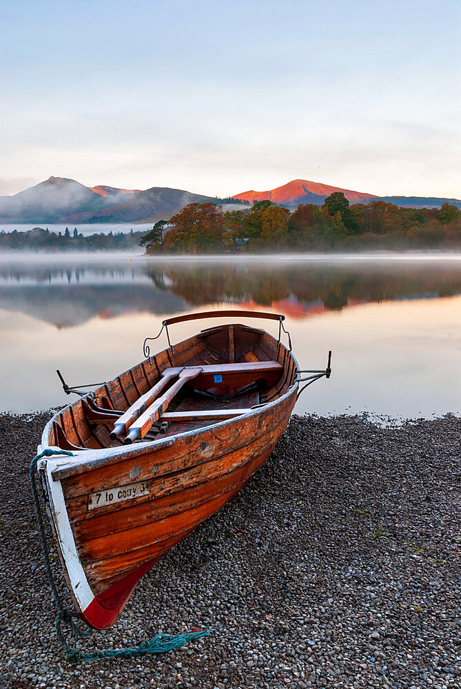 A rowing boats moored at Derwentwater, Lake District National Park, UNESCO World Heritage Site, Cumbria, England, United Kingdom, Europe