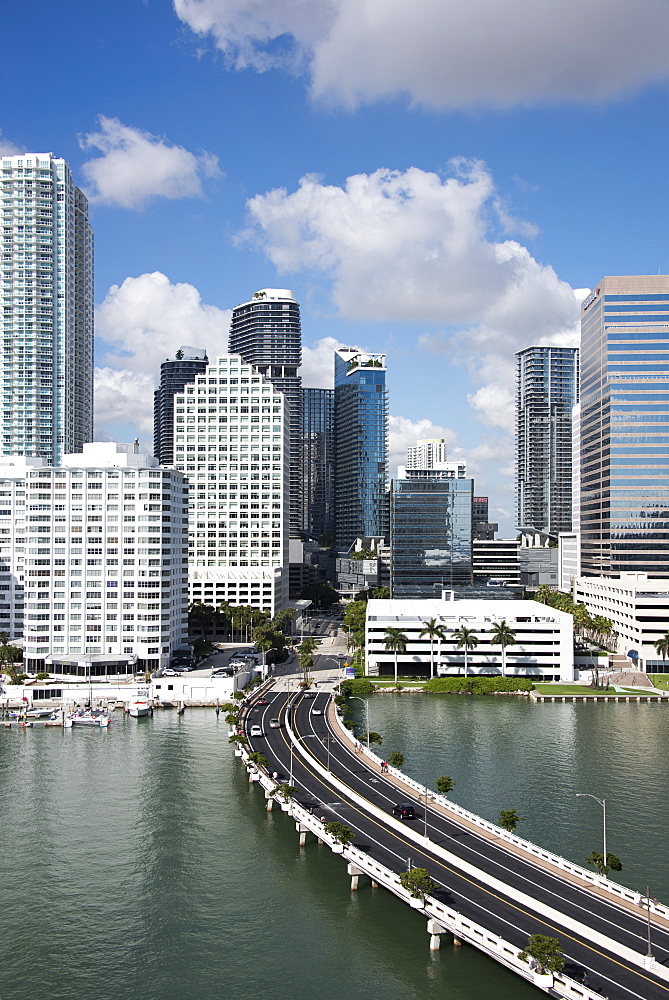 Bridge leading to Brickell Key and Downtown Miami skyline, Florida, United States of America, North America