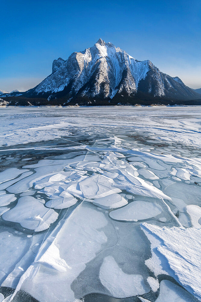 Abraham Lake frozen with Mount Michener, Alberta, Canada, North America