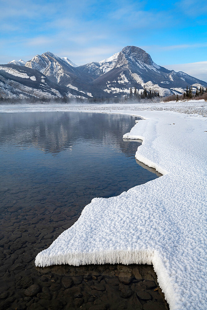 Bow River in winter with snow formations, Jasper, Canadian Rocky Mountains, Alberta, Canada, North America