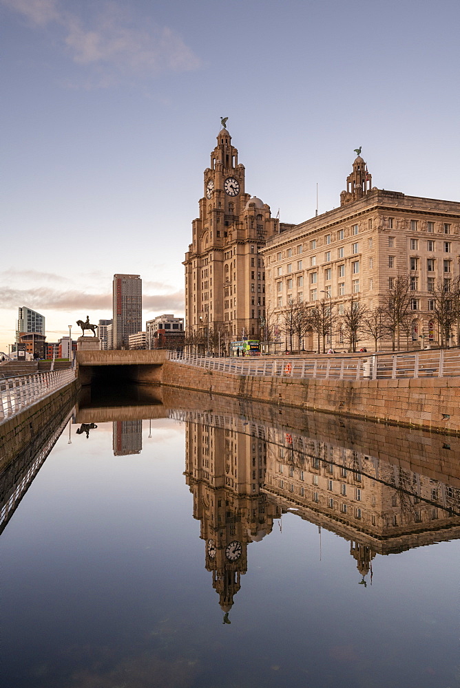 Reflections of The Pier Head on Liverpool Waterfront, Liverpool, Merseyside, England, United Kingdom, Europe