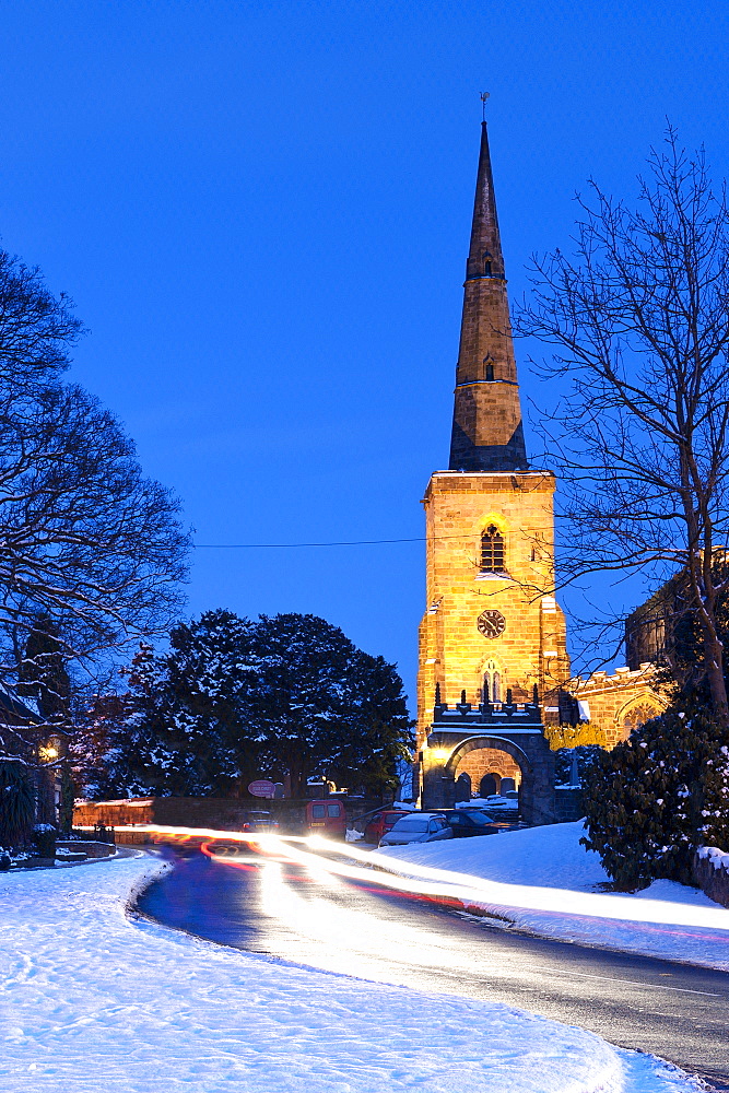 St Mary's Church, Astbury near Congleton in winter at night, Cheshire, England, United Kingdom, Europe