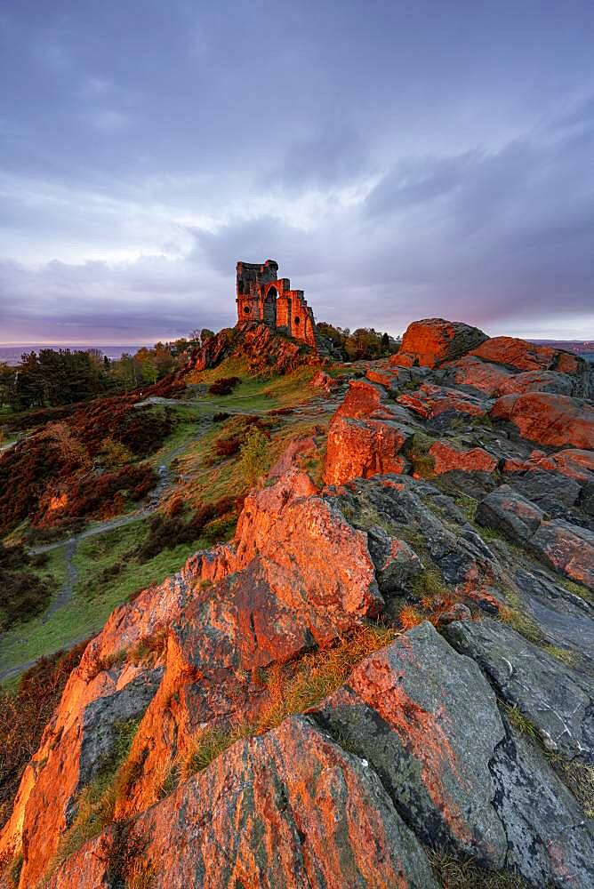 The Folly at Mow Cop with amazing sunset, Mow Cop, Cheshire, England, United Kingdom, Europe