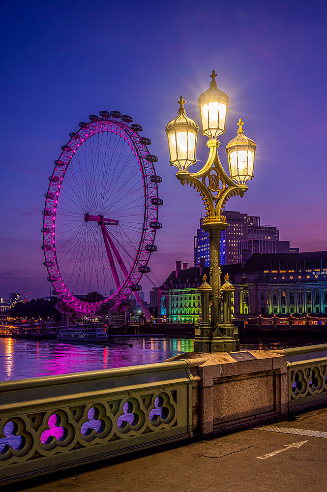 The London Eye with ornate lamp post on Westminster Bridge, London, England, United Kingdom, Europe