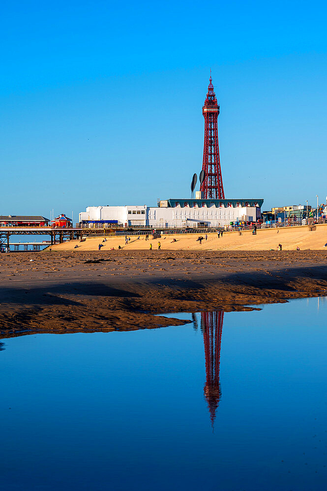 Blackpool Tower reflected at low tide, Blackpool, Lancashire, England, United Kingdom, Europe