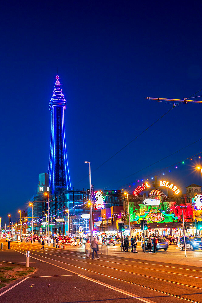 The Golden Mile and Blackpool Tower at night, Blackpool, Lancashire, England, United Kingdom, Europe