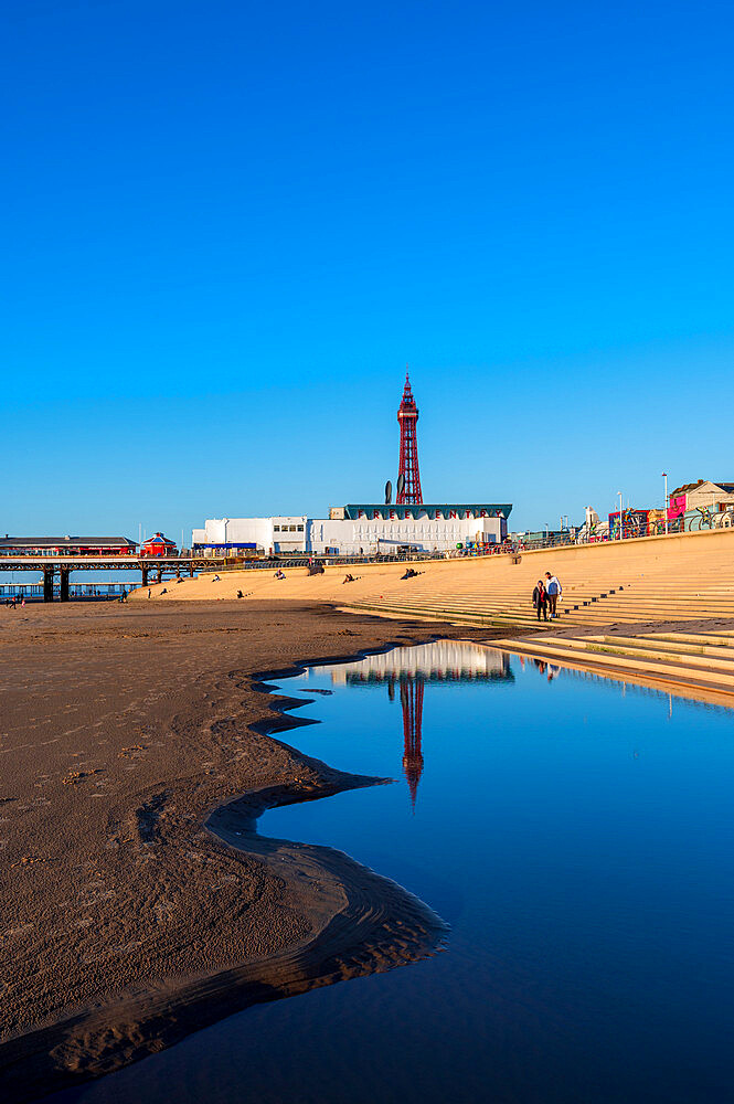 View at low tide with reflected Blackpool Tower, Blackpool, Lancashire, England, United Kingdom, Europe