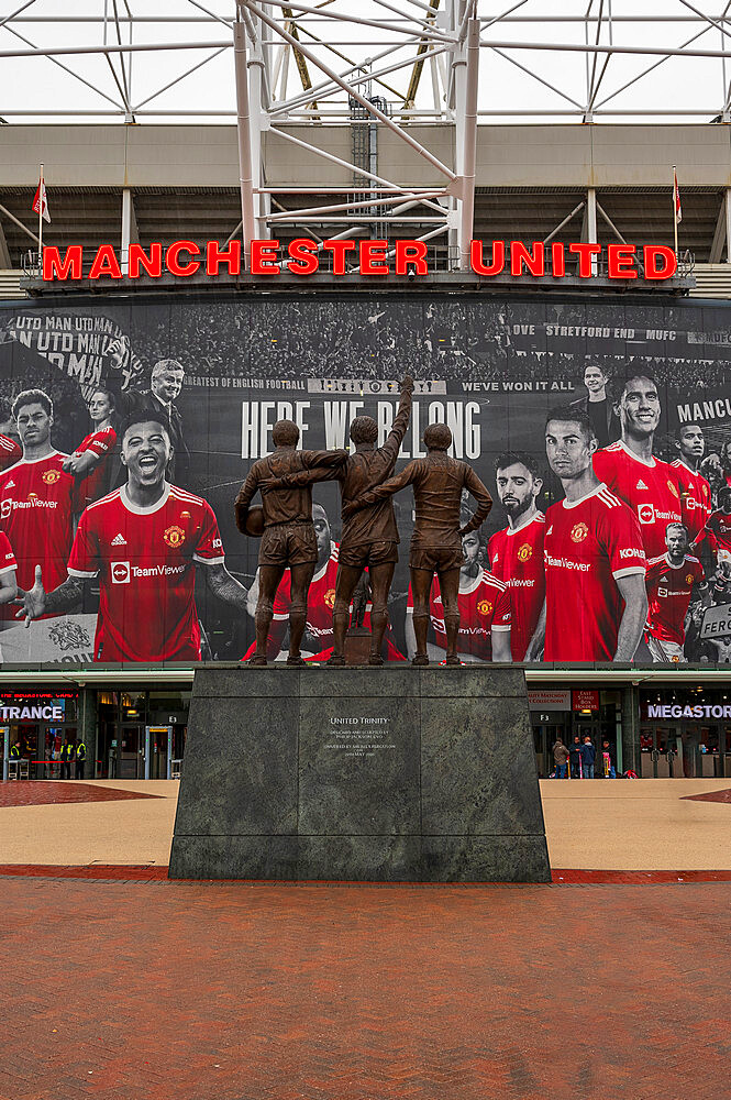 Manchester United Football Club and statue, Manchester, England, United Kingdom, Europe