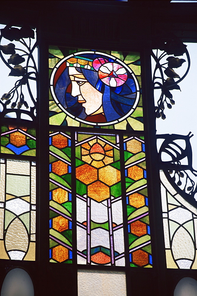 Detail of art nouveau glasswork on the Community House, Prague, Czech Republic, Europe