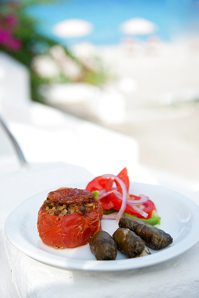 Greek Food, stuffed peppers and dolmades, Ialyssos, Rhodes, Dodecanese, Greek Islands, Greece, Europe